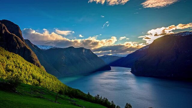 Sunrise time lapse over dramatic fjord landscape, epic beauty ; Flam, Norway
