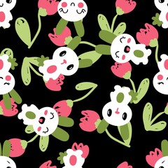 Fototapeta na wymiar Hand drawn seamless pattern with Easter bunnies and tulip flowers. Perfect for T-shirt, textile and print. Doodle vector illustration for decor and design.