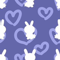 Obraz premium Hand drawn Easter seamless pattern with bunnies silhouettes and hearts. Perfect for T-shirt, textile and print. Doodle vector illustration for decor and design.