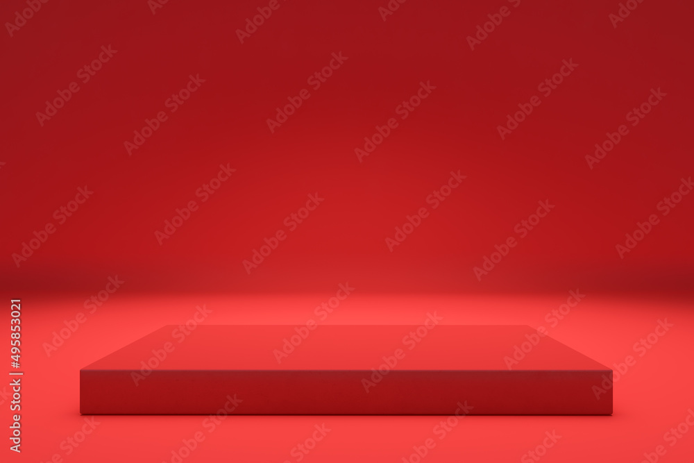 Poster Creative pedestal on red background. Presentation and mock up concept. 3D Rendering.
