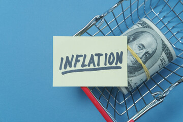 Dollars in a grocery basket, with inflation poster.