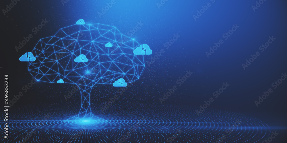 Aufkleber Abstract digital polygonal cloud tree on blue background with mock up place. Computer, data and security concept. 3D Rendering.