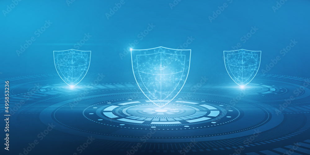 Poster creative polygonal shield on blue background. futuristic protection and circuit concept. 3d renderin