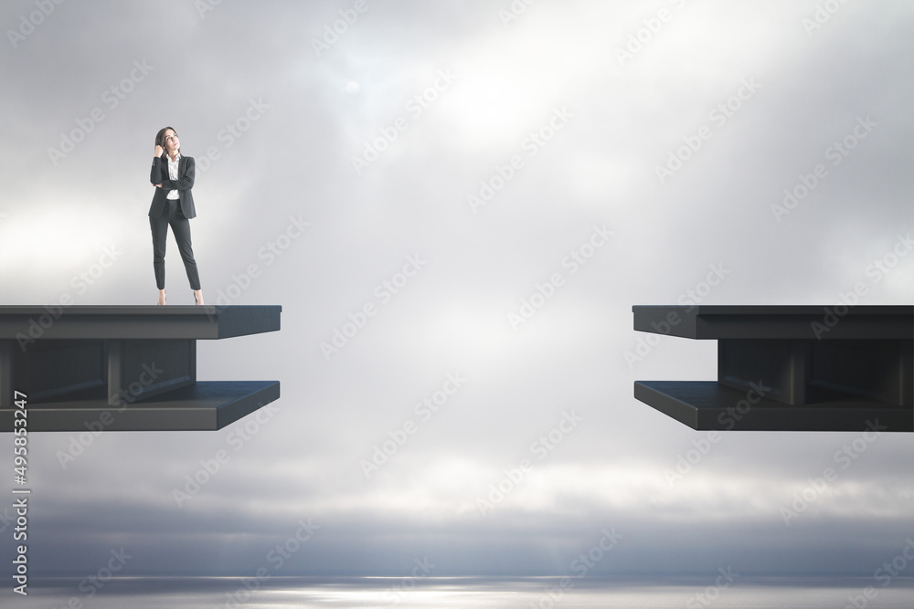 Poster attractive pensive young businesswoman standing on bridge with gap and dull sky background with mock