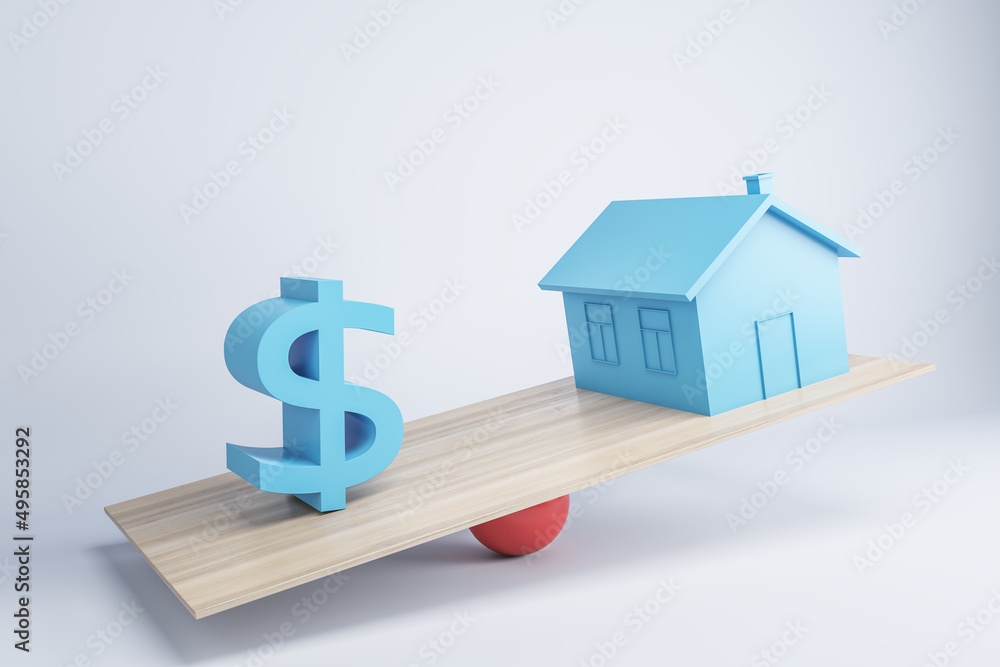 Poster board scales with dollar sign heavier than house. white background. 3d rendering.