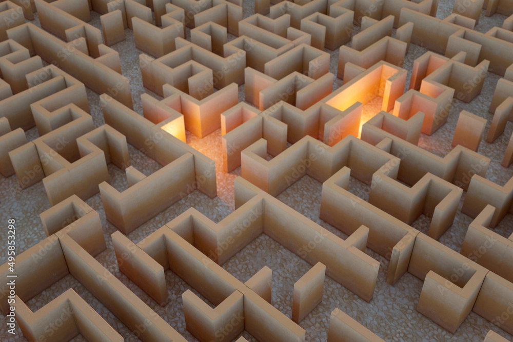 Poster creative illuminated maze wallpaper. solution and idea concept. 3d rendering.