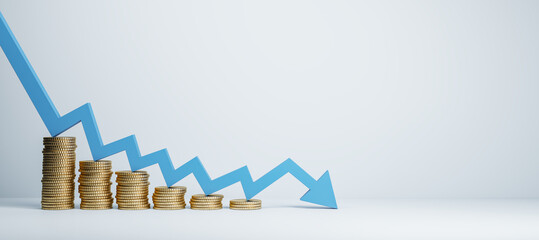 Abstract falling coin stack chart and blue arrow on wide white background with mock up place....