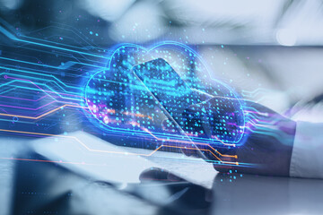 Close up of hands using smartphone with abstract glowing cloud hologram screen on blurry background. Database, science and communication concept. Double exposure.