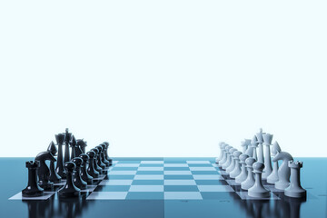 Creative chess board with white mock up background. Game and strategy concept. 3D Rendering.