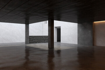 Modern concrete building with reflections. Exterior designs concept. 3D Rendering.