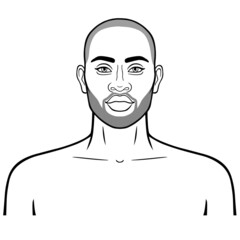 Animation portrait of beautiful African man. Monochrome drawing. Vector illustration isolated on a white background. Be used for coloring book.