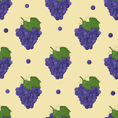 Grape with green leaves seamless pattern. Flat vector illustration