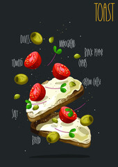Vegetarian toast with cream cheese, olives, capers, microgreens, cherry tomatoes on whole grain toast bread. Vector illustration