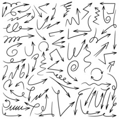 hand drawn arrow icon set isolated on white background. Doodle vector illustration.