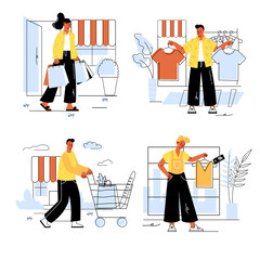 People shopping concept set in flat line design. Men and women make purchases, choose new clothes in boutiques and buy groceries in supermarket. Vector illustration with outline colorful web scenes