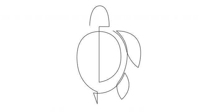 Self drawing simple animation of single continuous one line drawing of sea turtle. Drawing by hand, black lines on a white background.