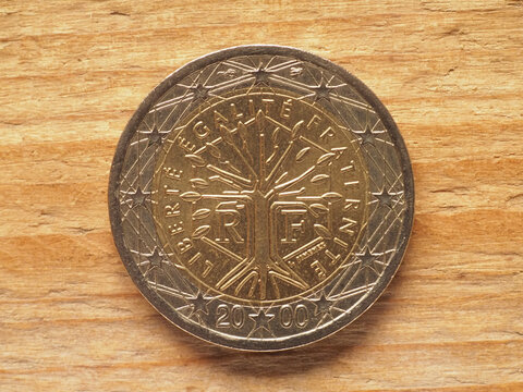 2 euro coin showing a tree, currency of France, EU