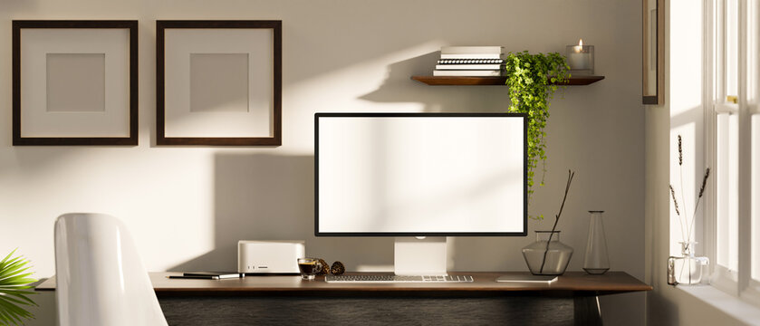 Minimal bright workspace interior with computer mockup and accessories on tablea