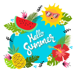 Fototapeta premium summer concepts sun watermelon pineapple banner design blue background flower leafs fresh vector