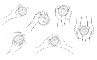Collection of cusp of coffee and hands. Latte art - heart on foam. Vector illustration in sketch style