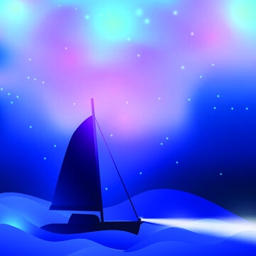 Beautiful night ocean with colorful sky and a boat in the water with searchlight 