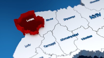 Stylish 3D map of Ukraine with Lutsk region at focus highlighted in red