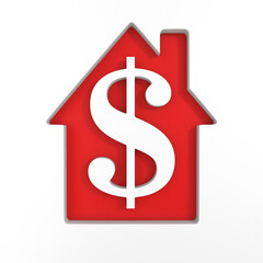 red house and symbol dollar on white background. Isolated 3d illustration