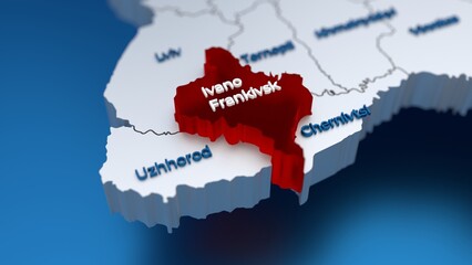 Obraz premium Stylish 3D map of Ukraine with Ivano-Frankivsk region at focus highlighted in red