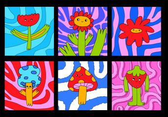 1970 good vibes and groovy.Psychedelic postcards - vector set.Hippie posters and posts templates with flowers and mushrooms..Collection of funky flower cards and posters.