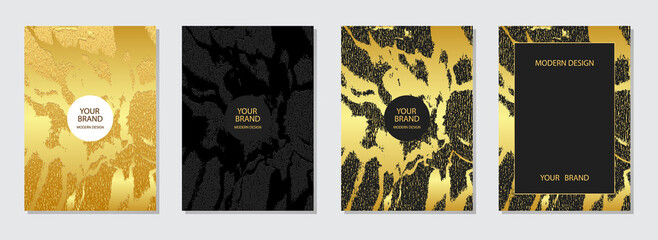 Luxury cover design set. Gold 3d pattern, marble grunge texture, vertical template collection. Geometric embossed backgrounds for the design of a brochure, catalog, book, poster, flyer, invitation.