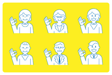 OKサインをするいろいろな人8　高齢者と若者　線画