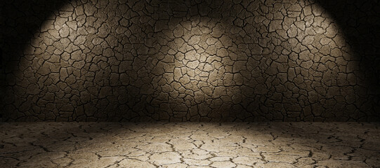 cracked soil, dehydrated soil, barren soil, drought, climate change, climate, environment, sustainability, background, room with a wall, room with a wall and light