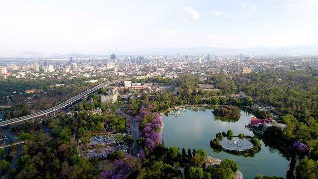 drone shot of main lake in Chapultepec forest