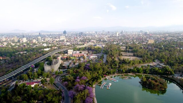 drone scene of main lake at chapultepec forest