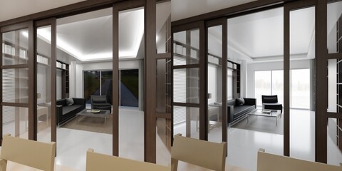 Home decor. Living room. Stylish interior 3D render. Modern apartment 3D illustration.