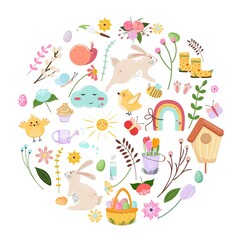 Cute Easter spring elements. Hand drawn colorful circle pattern with eggs, cute birds, bunnies, flowers, rainbows. Flat design elements in circle for Easter. For any decorative projects.