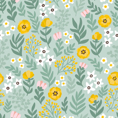 Seamless floral pattern. Textile design with flowers in boho style. Repeatable botanical background. Summer flat illustration.