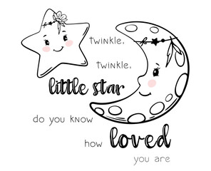 Twinkle little star. Moon and stars boho children's print for t-shirt or baby bodysuit