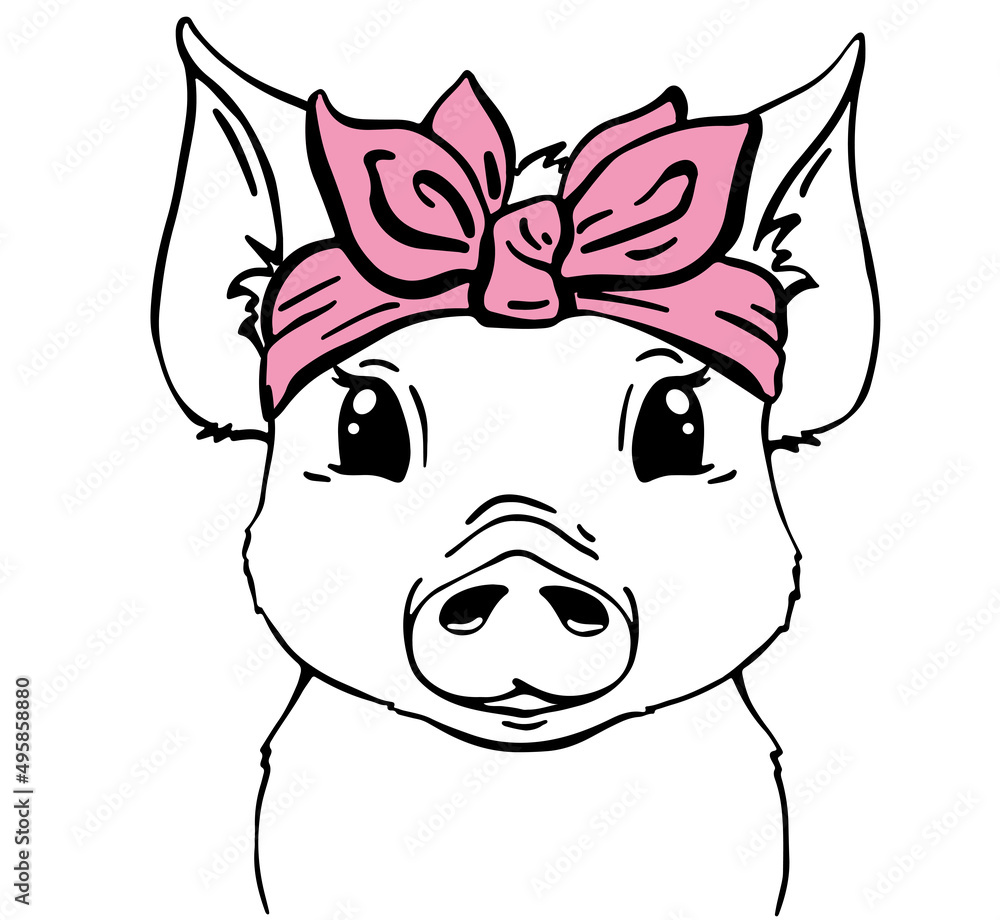 Wall mural Cute pig face with bandana children's t-shirt print. Baby cute farm vector