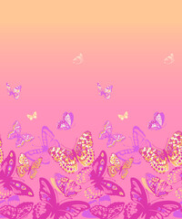 Fototapeta na wymiar The flight of butterflies against the background of the dawn sky. Vector horizontal pattern.