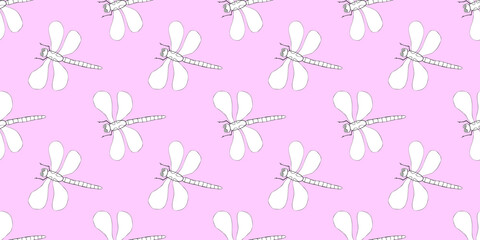 Vector seamless pattern of cute dragonflies in doodle flat style. Glade, forest edge. Background and texture on theme of nature, spring, summer, children print, isolated