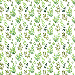 Watercolor seamless pattern with various decorative flowers and leaves