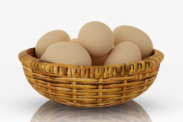 Illustrazione 3D.  Uovo, Uova. Cibo e alimento sano e naturale. Immagine di primavera con cestino di uova e farfalle adatta per Pasqua. .