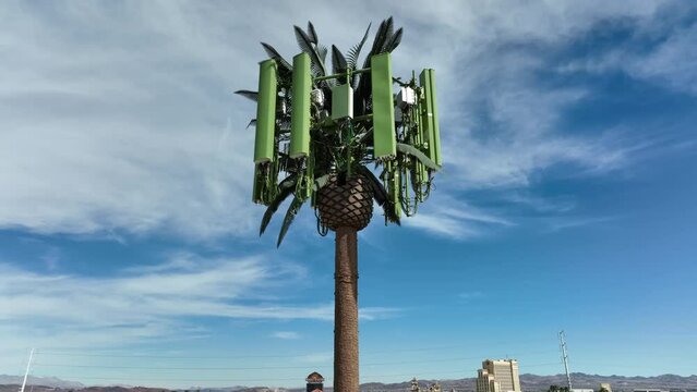 Cell tower disguised as a fake palm tree in city. Drone video rising up from below with tilt down to stay focused on 5G antennas.