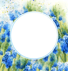 White round frame on watercolour background with spring blue flowers, hand drawn illustration