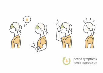 体調不良の症状アイコンセット　生理　女性　シンプルでお洒落な線画イラスト