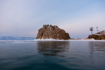 Baikal frozen lake, Olkhon island. Clear ice and snow
