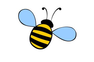 Vector color primitive fat little bee in flat style. Cute simple cartoon honey insect. Top view. Clipart, design element on theme of nature, spring, summer, isolated - obrazy, fototapety, plakaty