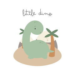 Cute Little Dinosaur. Cartoon style. Vector illustration. For kids stuff, card, posters, banners, children books, printing on the pack, printing on clothes, fabric, wallpaper, textile or dishes.