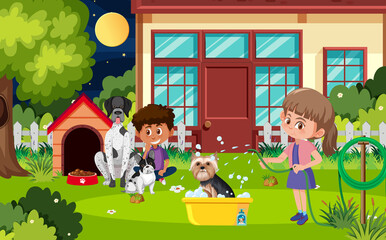 Outdoor scene with children washing their dogs